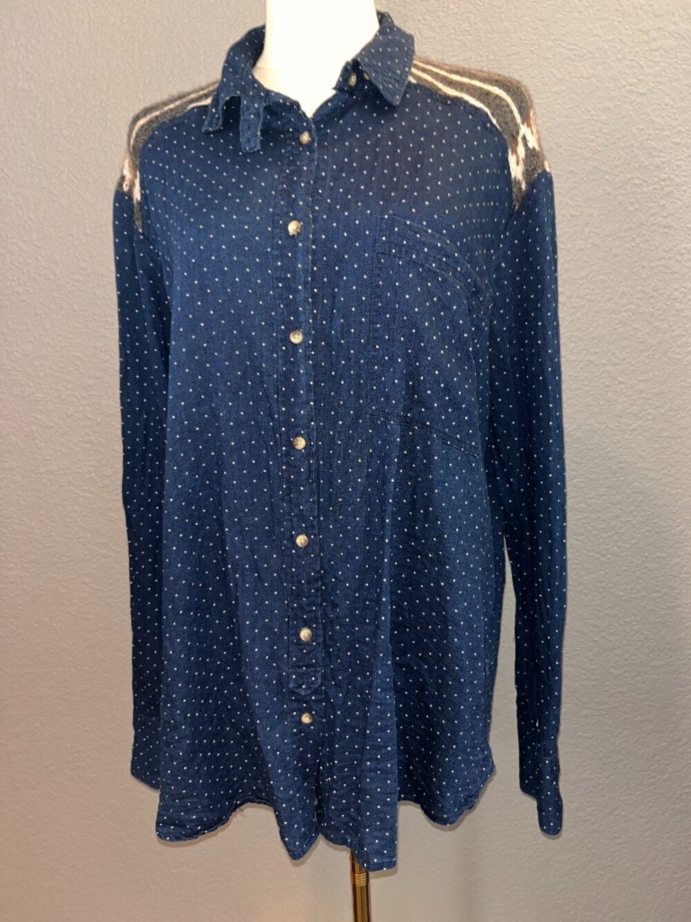 ANTHROPOLOGIE FREE PEOPLE COTTON SHIRT W/ NORDIC FAIR ISLE KNIT BODICE - EUC - L